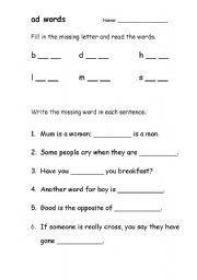 English Worksheet: fill in the blanks - CVC words ending in -ad