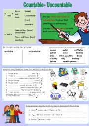 English Worksheet: countable and uncountable + fewer and fewer / less and less / more and more