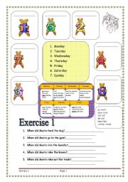 English Worksheet: 3 pages/6 exercises DAYS OF THE WEEK+CHORES