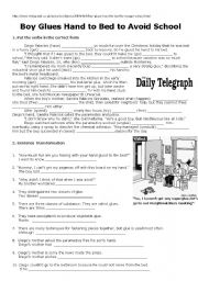 English Worksheet: Boy Glues Hand to Bed to Avoid School