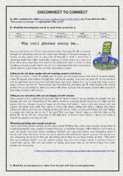 English Worksheet: video + reading + writing activity about Mobile Phone Manners and consequent alienation caused by its overuse (with key)