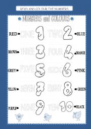 English Worksheet: numbers and colours