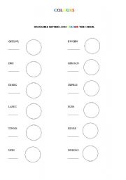 English Worksheet: UNJUMBLE THE COLOURS AND COLOUR THE CIRCLES.