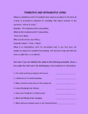 English Worksheet: TRANSITIVE- INTRANSITIVE VERBS