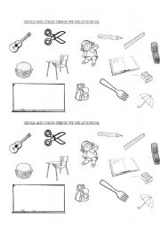 English Worksheet: School objects for kindergarten