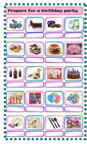 English Worksheet: prepare for a birthday party  : fill in the blanks