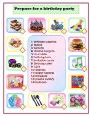 English Worksheet: prepare for a birthday party  : matching 