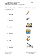 English worksheet: classroom objects actions