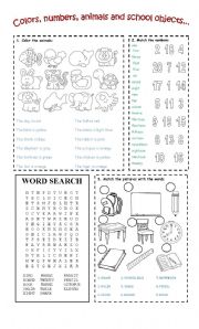 English Worksheet: COLORS, NUMBERS, ANIMALS AND SCHOOL OBJECTS