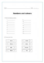English worksheet: Numbers ad colours