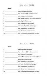 English worksheet: Past Tense Class Survey-Who Did That?