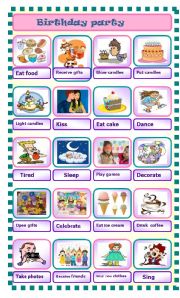 English Worksheet: birthday party  : pictionary