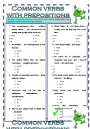 English Worksheet: Common verbs with prepositions - key included