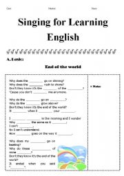 English worksheet: singing for lerning