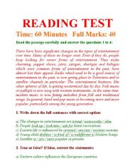 English Worksheet: READING TEST AND ANSWERING QUESTIONS