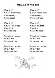 English Worksheet: Animals.Animals at the zoo song and activity.