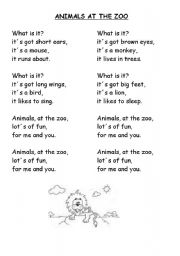 English worksheet: Animals.Animals at the zoo song and activity.