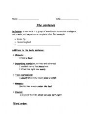 English worksheet: the sentence