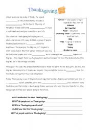 English Worksheet: Easy History of Thanksgiving Worksheet