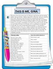 English Worksheet: This is me, Gina. Reading comprehension.