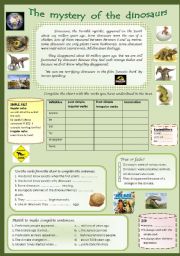 English Worksheet: Dinosaurs. reading comprehension and past simple for beginners