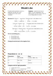English Worksheet: Would like - Present continuous ans preposition