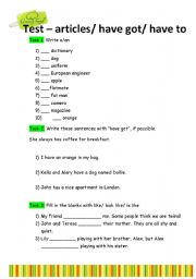 English worksheet: Test for elementary level - articles and have got, also some irregular verbs and vocabulary 