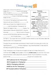 English Worksheet: Thanksgiving History Worksheet