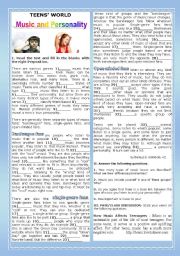 English Worksheet: TEENSWORLD - MUSIC AND PERSONALITY