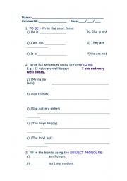 English worksheet: verb to be subject