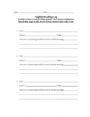 English worksheet: reading log