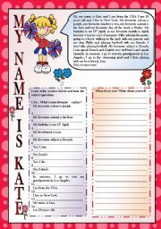 English Worksheet: MY NAME IS KATE-READING, WRITING, PERSONAL INFORMATION-FULLY EDITABLE-KEY INCLUDED