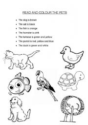 English Worksheet: Read and Colour the Pets