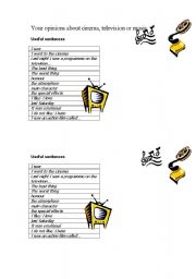 English Worksheet: useful sentences to talk about the cinema,tv and music