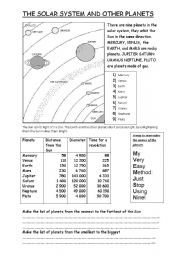 English Worksheet: THE SOLAR SYSTEM AND OTHER PLANETS