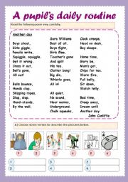 English Worksheet: A poem about a pupils daily routine (key included)