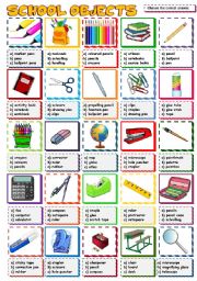 English Worksheet: SCHOOL OBJECTS - multiple choice (B&W included)