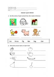 English worksheet: Animals and fruits