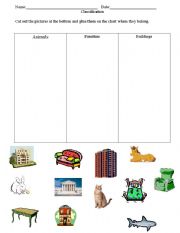 English Worksheet: classification: animals, buildings, furniture