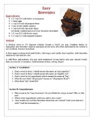 English Worksheet: Easy Brownies Recipe - Comprehension