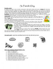 English Worksheet: READING ABOUT SAINT PATRICKS DAY!