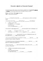 English Worksheet: Possessive Adjective or Pronoun?