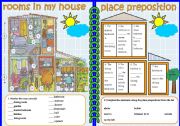 English Worksheet: Rooms in the house and place prepositions