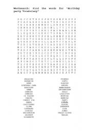 Wordsearch: Bithday party vocabulary