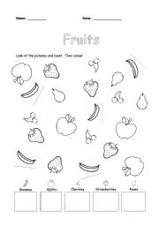 English Worksheet: fruits count and color