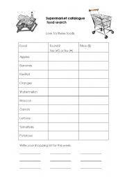 English worksheet: Supermarket catalogue search - fruit and vegetables