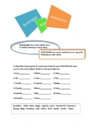 English Worksheet: synonyms and antonyms (with answers)