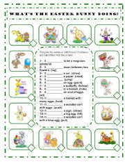 English Worksheet: WHATS THE EASTER BUNNY DOING? PRESENT CONTINUOUS TENSE WORKSHEET - AFFIRMATIVE FORM - EDITABLE 