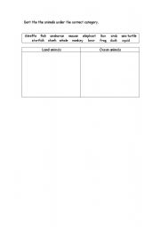 English worksheet: Animals.Sort the animals in the correct category:Ocean &land 