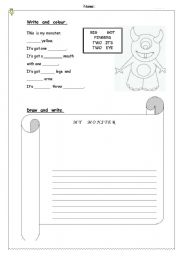 English worksheet: Parts of the body. Write to describe how my monster is